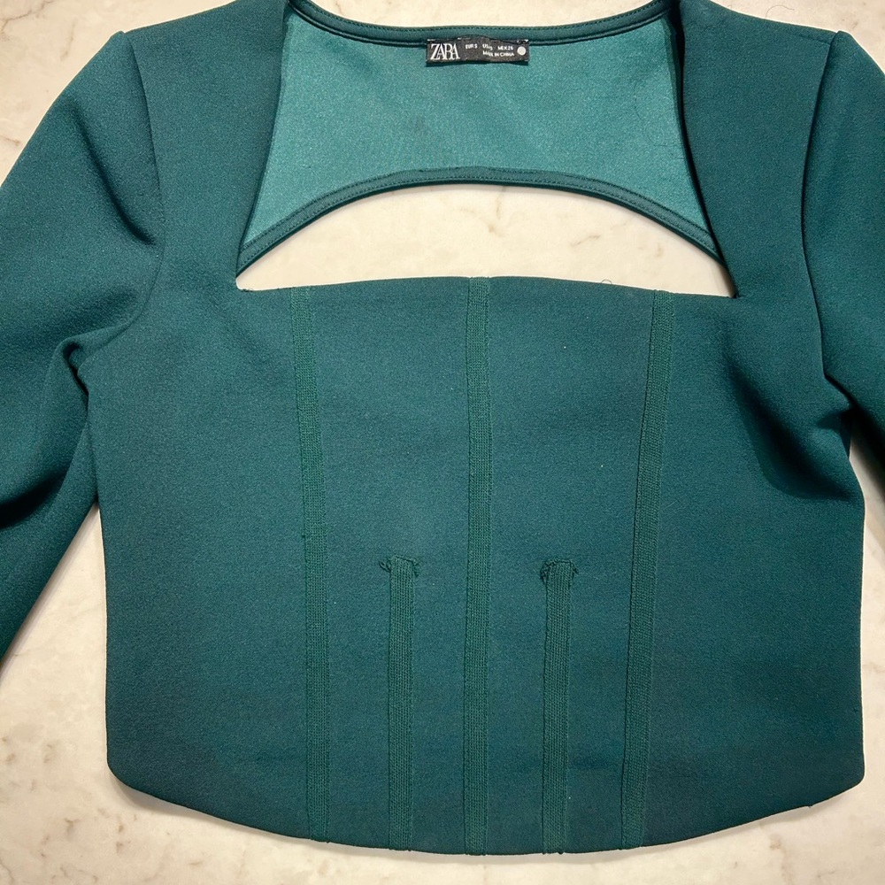 Zara Teal Green Cutout Long-Sleeve Crop Top
